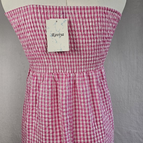 Raviya Women's Maxi Dress Swim Cover Up Size M 100% Cotton Pink White Check - Picture 10 of 15